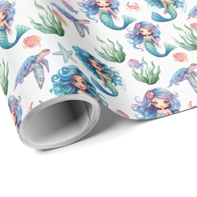Blue Mermaids Gift Wrapping Paper in White Presentpapper (Rullad Hörn)