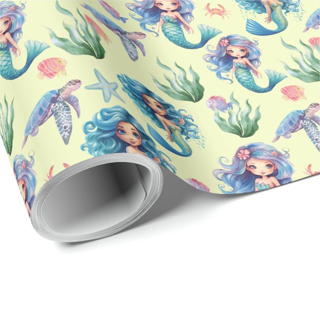 Blue Mermaids Gift Wrapping Paper in Yellow Presentpapper (Rullad Hörn)