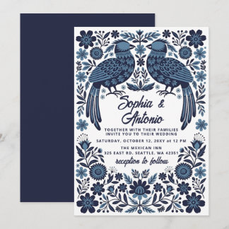 Blue Mexican Birds Otomi Floral Fiesta Wedding Inbjudningar
