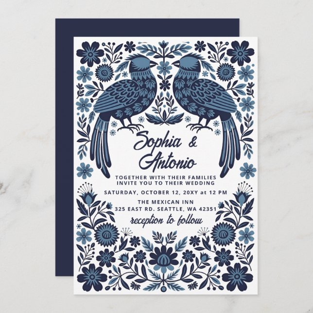 Blue Mexican Birds Otomi Floral Fiesta Wedding Inbjudningar (Fram/baksida)