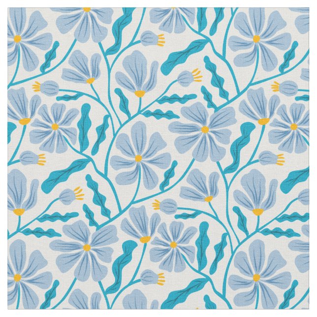 Blue Mid-Century Modern Floral Pattern Tyg (Närbild)