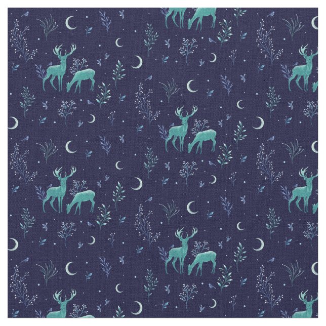 Blue Midnight Moonlight Hjort Fabric Tyg (Närbild)
