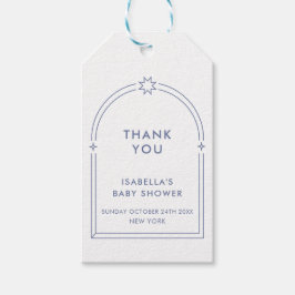 Blue Minimalist Boho Arch Baby Shower Presentetikett
