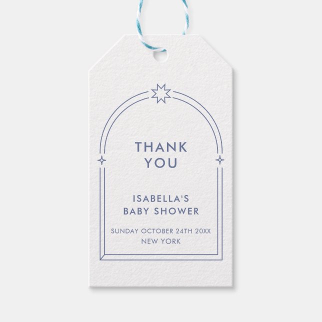 Blue Minimalist Boho Arch Baby Shower Presentetikett (Framsidan)