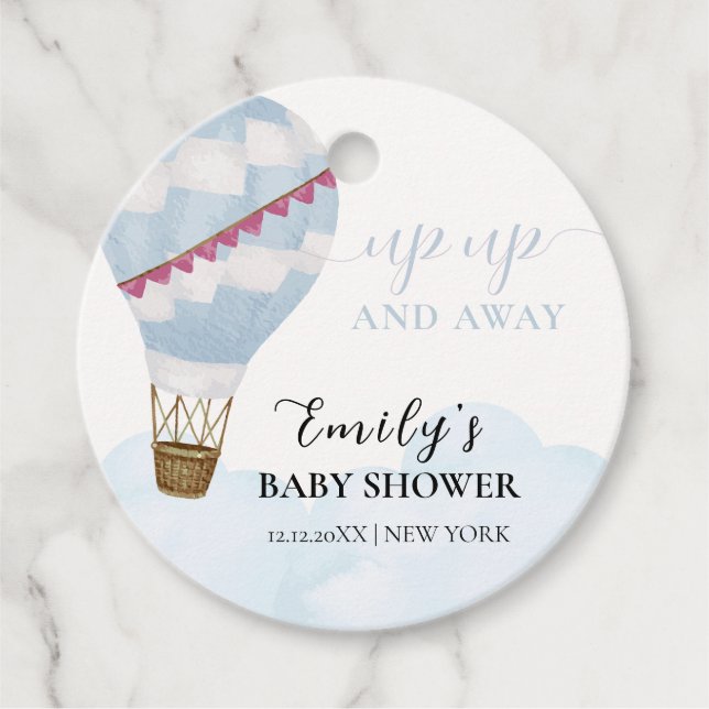 Blue Minimalist Boho Luftballong Baby Shower Gåvor Etiketter (Framsida)