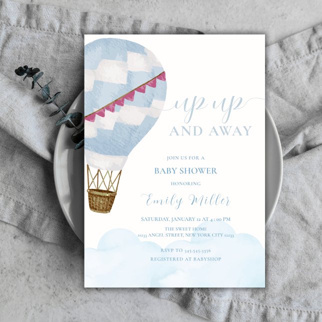 Blue Minimalist Boho Luftballong Baby Shower Inbjudningar (Blue Minimalist Boho Hot Air Balloon Baby Shower Invitation)