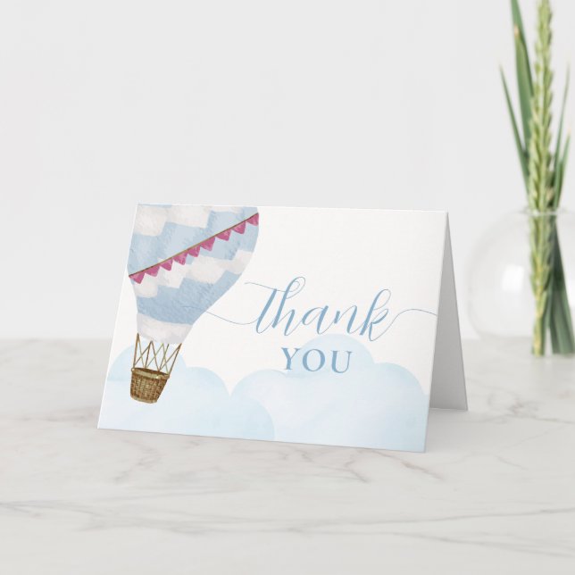 Blue Minimalist Boho Luftballong Baby Shower Tack Kort (Framsida)