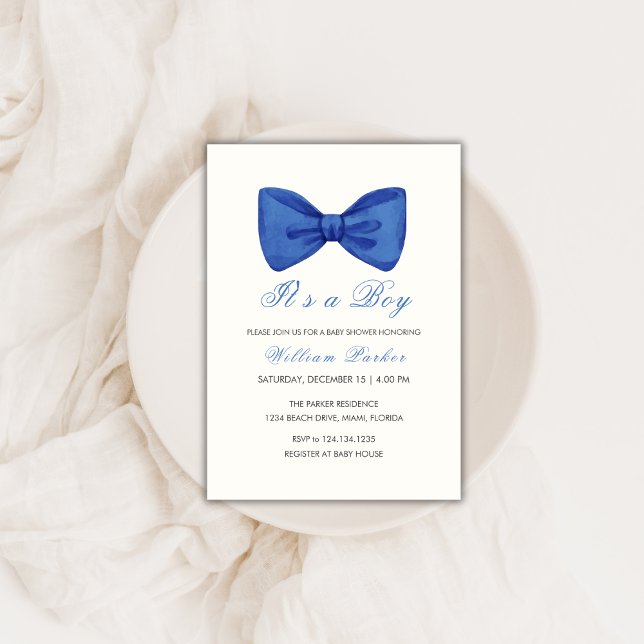 Blue Minimalist Bow Tie Boy Shower Inbjudningar (Blue Minimalist Bow Tie Boy Baby Shower Invitation)