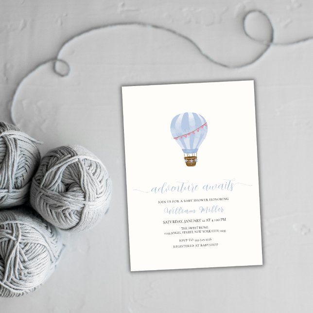 Blue Minimalist Luftballong Boy Shower Inbjudningar (Blue Minimalist Hot Air Balloon Boy Baby Shower Invitation)