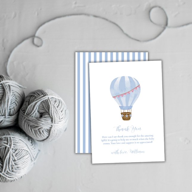Blue Minimalist Luftballong Boy Shower Tack Kort (Blue Minimalist Hot Air Balloon Boy Baby Shower Thank You Card)