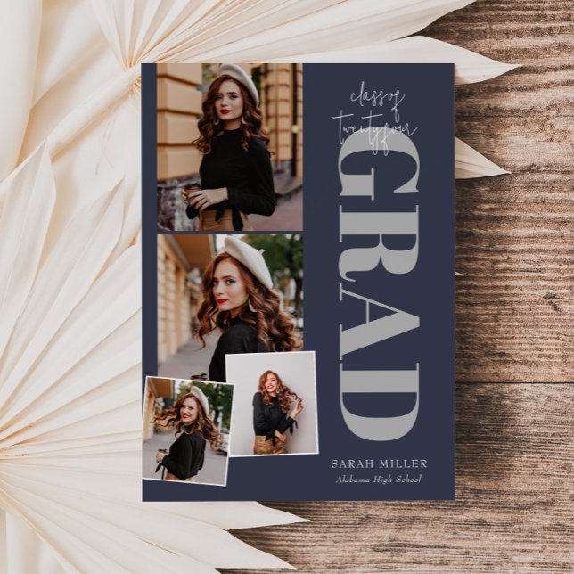 Blue Minimalist Modern Lodrät 5 Pic Studenten Inbjudningar (Skapare uppladdad)