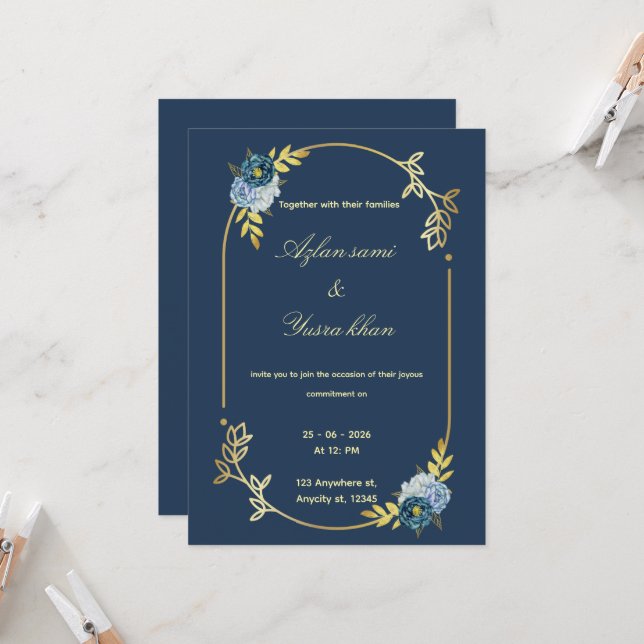 Blue minimalist Muslim wedding invitation Editable Inbjudningar (Fram/Back In Situ)