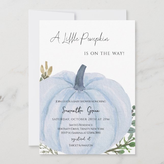 Blue Minimalist Pumpkin Baby Shower Inbjudningar (Framsida)