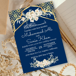 Blue Minimum Blommigt Guld Islamic Muslim Bröllop Inbjudningar