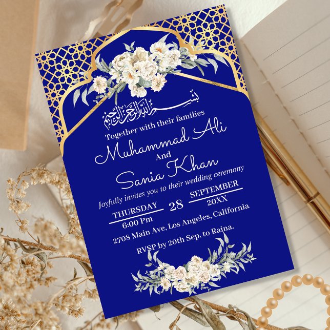 Blue Minimum Blommigt Guld Islamic Muslim Bröllop Inbjudningar (Skapare uppladdad)