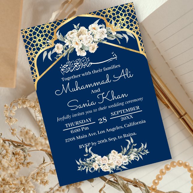 Blue Minimum Blommigt Guld Islamic Muslim Bröllop Inbjudningar (Skapare uppladdad)