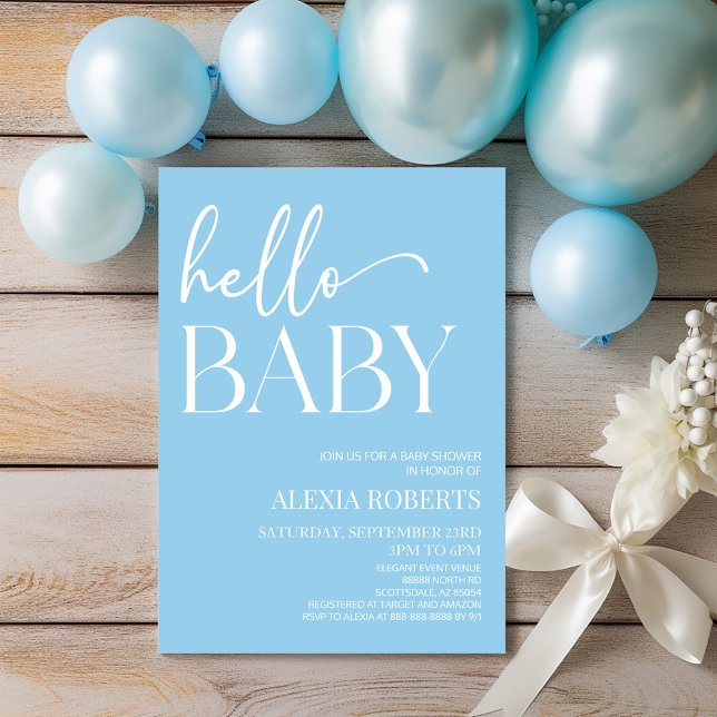 Blue Minimum Hej Baby Baby Shower Inbjudningar (Skapare uppladdad)