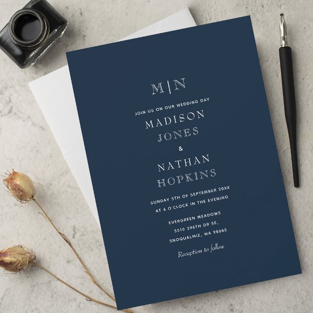 Blue Minimum Monogram Bröllop Inbjudningar (Skapare uppladdad)