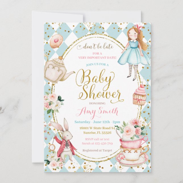 Blue Mint Alice i Wonderland Tea Party Inbjudningar (Framsida)