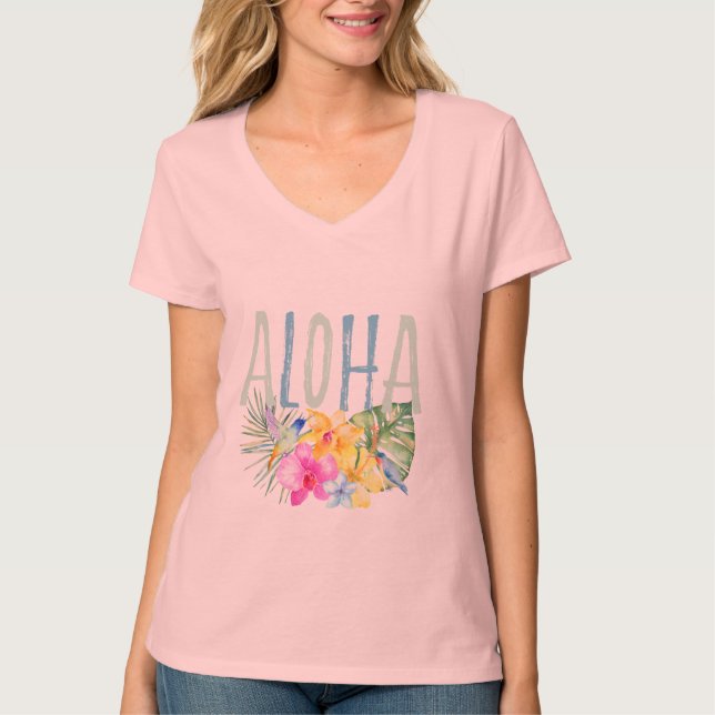 Blue Mint Aloha Blommigt Tropical Watercolor T Shirt (Framsida)
