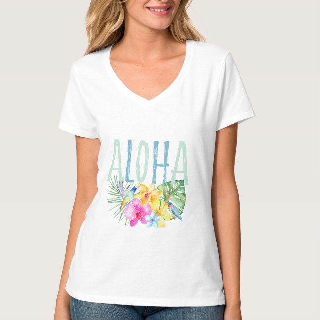 Blue Mint Aloha Blommigt Tropical Watercolor T Shirt (Framsida)