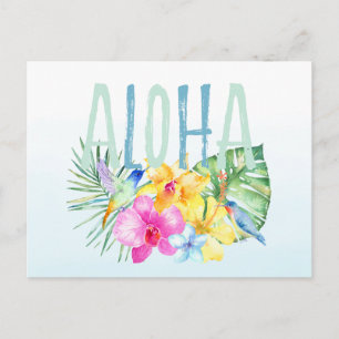 Blue Mint Aloha Blommigt Tropical Watercolor Vykort