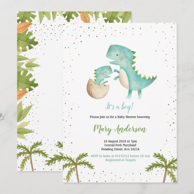 Blue Mint Boy Dinosaur Baby Shower-inbjudan Inbjudningar (Fram/baksida)