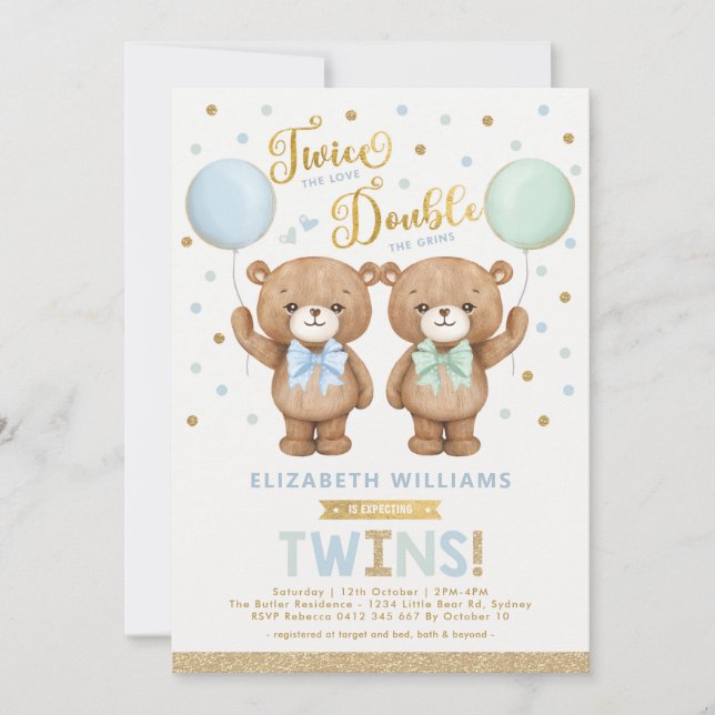 Blue Mint Nalle Balloon Twin Boy Shower Inbjudningar (Framsida)
