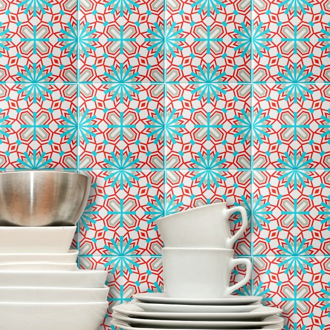 Blue Mint Red White Grått Mosaic Geometric Mönster Kakelplatta (Skapare uppladdad)