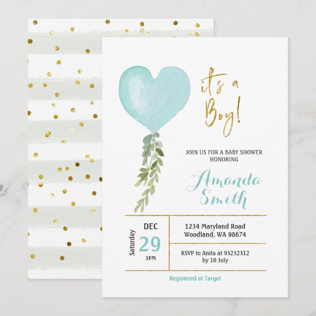 Blue Miny Balloon-pojkens inbjudan till babydusch (Fram/baksida)