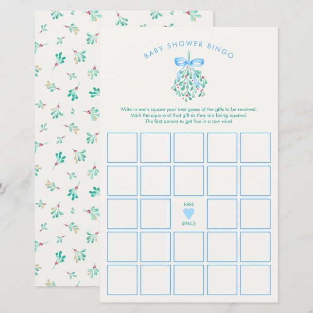 Blue Mistletoe Baby Shower Bingo Game (Fram/baksida)