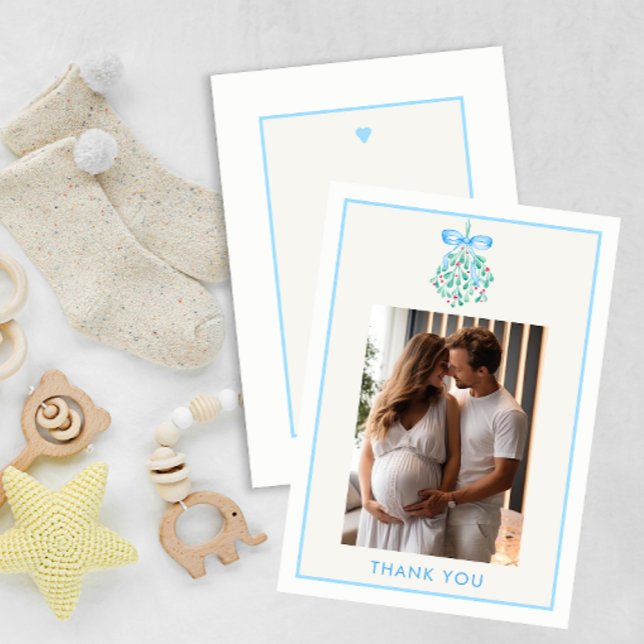 Blue Mistletoe Baby Shower - tack för ditt kort (Baby Boy Under The Mistletoe Baby Shower Thank you Card)