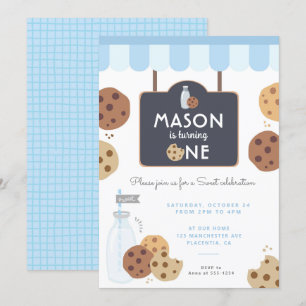 Blue Mjölk och Cookies Första födelsedagskalendrar Inbjudningar