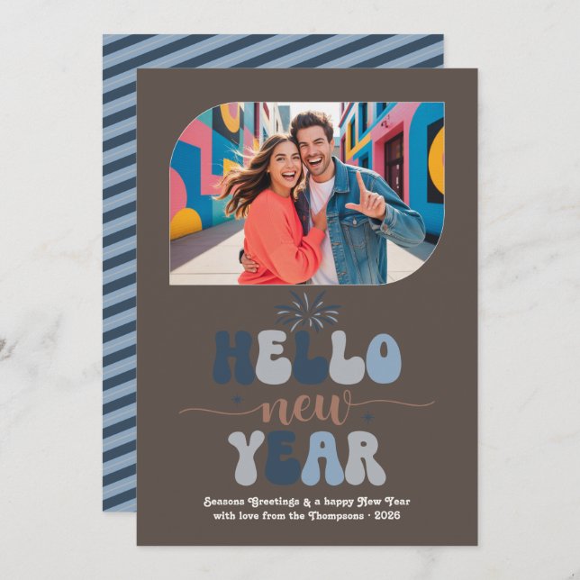 Blue Mocha Hello New Year Blue Retro Photo Julkort (Fram/baksida)