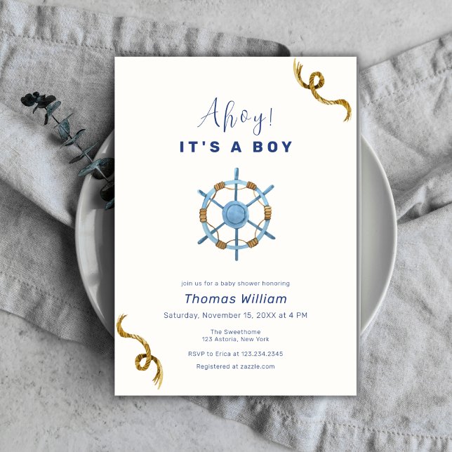 Blue Modern Ahoy.. Det är en pojk-nautisk babystöt Inbjudningar (Blue Modern Ahoy It's A Boy Nautical Baby Shower Invitation)