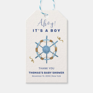 Blue Modern Ahoy Nautical Boy Shower Presentetikett