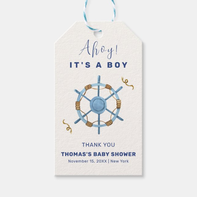 Blue Modern Ahoy Nautical Boy Shower Presentetikett (Framsidan)