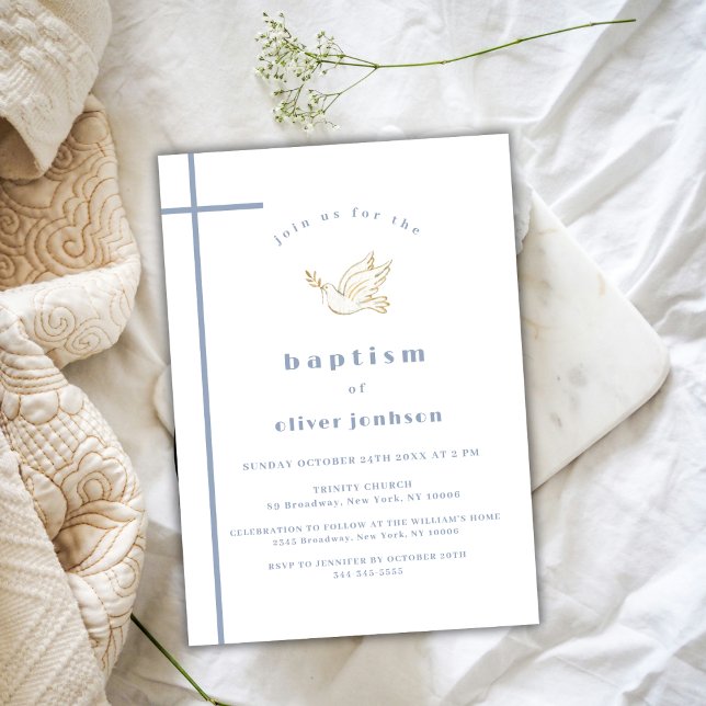 Blue Modern Bird Kor Christening Boy Baptism Inbjudningar (Blue Modern Bird Cross Christening Boy Baptism Invitation)