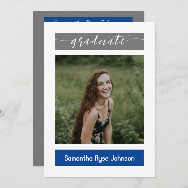 Blue Modern Block 3-Photo Studenten Inbjudningar (Fram/baksida)