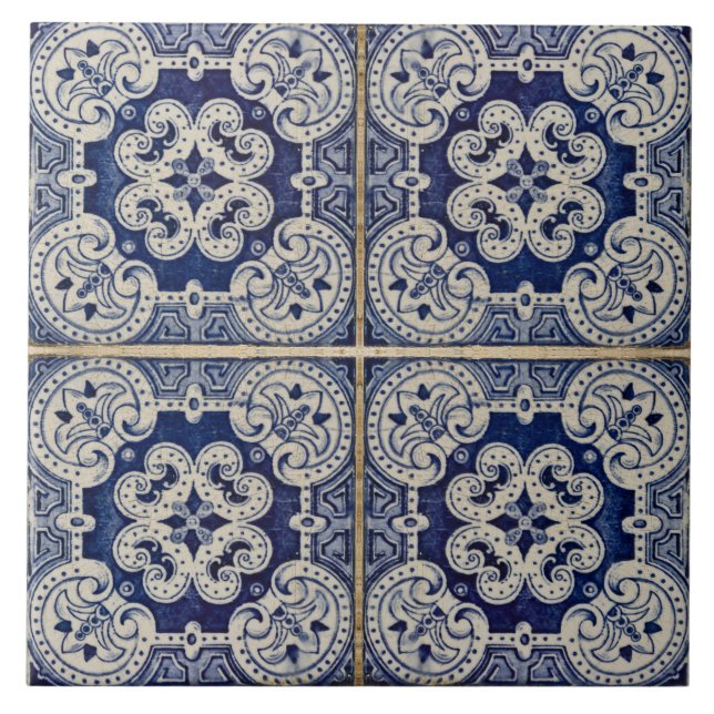 Blue Modern Blommigt Portuguesa azulejos Tile Kakelplatta (Framsidan)