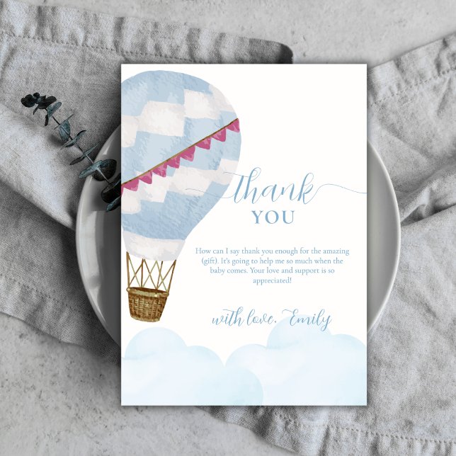 Blue Modern Boho Luftballong Baby Shower Tack Kort (Blue Modern Boho Hot Air Balloon Baby Shower Thank You Card)