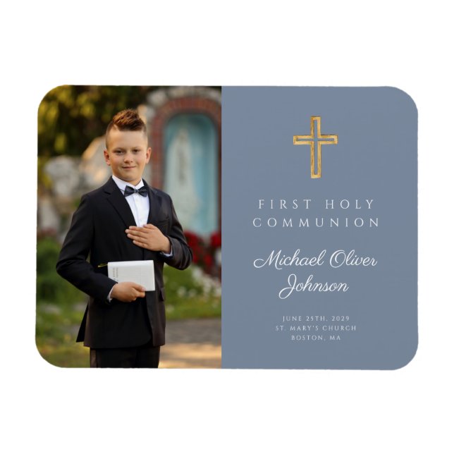 Blue Modern Boy First Heliga Communion Bild Photo Magnet (Horisontell)