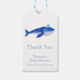 Blue Modern Boy under Sea Whale Baby Shower Presentetikett