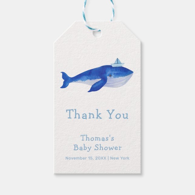Blue Modern Boy under Sea Whale Baby Shower Presentetikett (Framsidan)