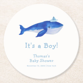 Blue Modern Boy under Sea Whale Baby Shower Underlägg Papper Rund