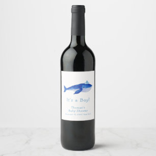 Blue Modern Boy under Sea Whale Baby Shower Vinflaska Etikett