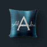 Blue Modern Brushed Metall Monogram Namn Kudde<br><div class="desc">Modern och Elegant Blue Foil Brushed Metall Monogram Namn och Initial Pillow. Kudden gör perfekten födelsedag eller julklapp till någon som dekorerar hennes rum i stil.</div>