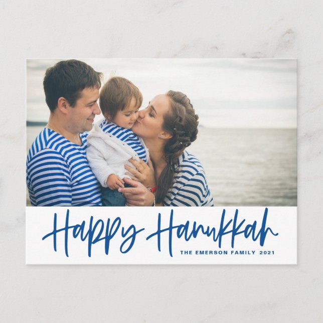 Blue Modern Calligraphy Lycklig Hanukkah Photo Helg Vykort (Framsida)
