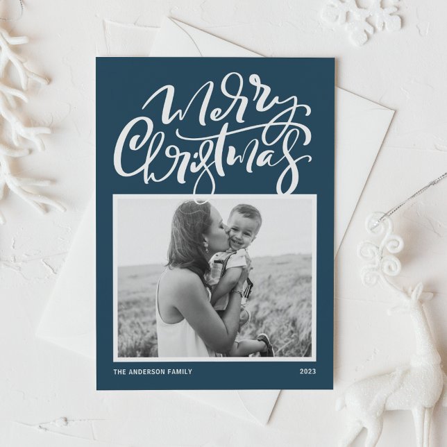 Blue Modern Calligraphy Photo God jul Julkort (Skapare uppladdad)