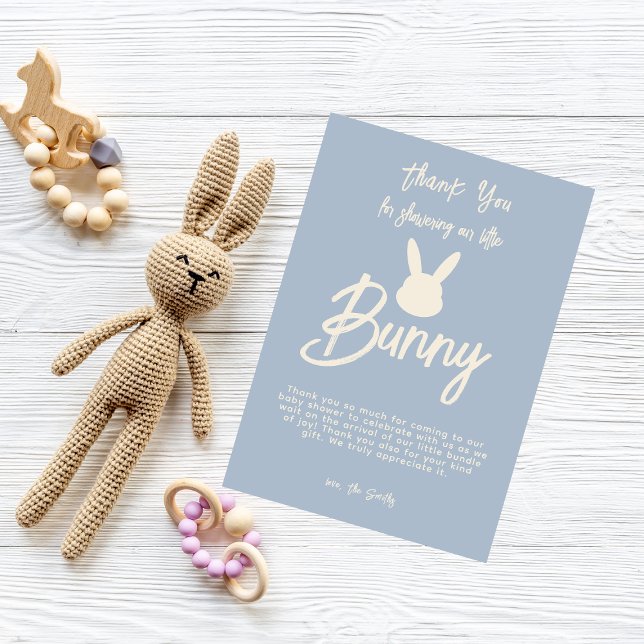 Blue Modern Cute Script Bunny Baby Shower Tack Kort (Skapare uppladdad)